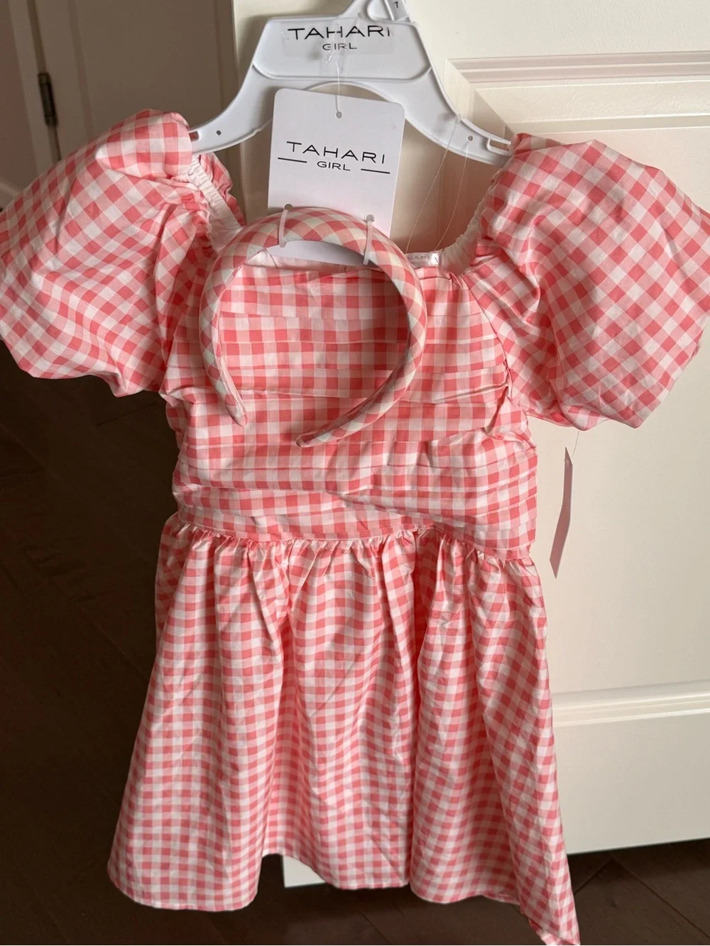 Tahari Girl Pink and White Gingham Puff-Sleeve Dress with Headband